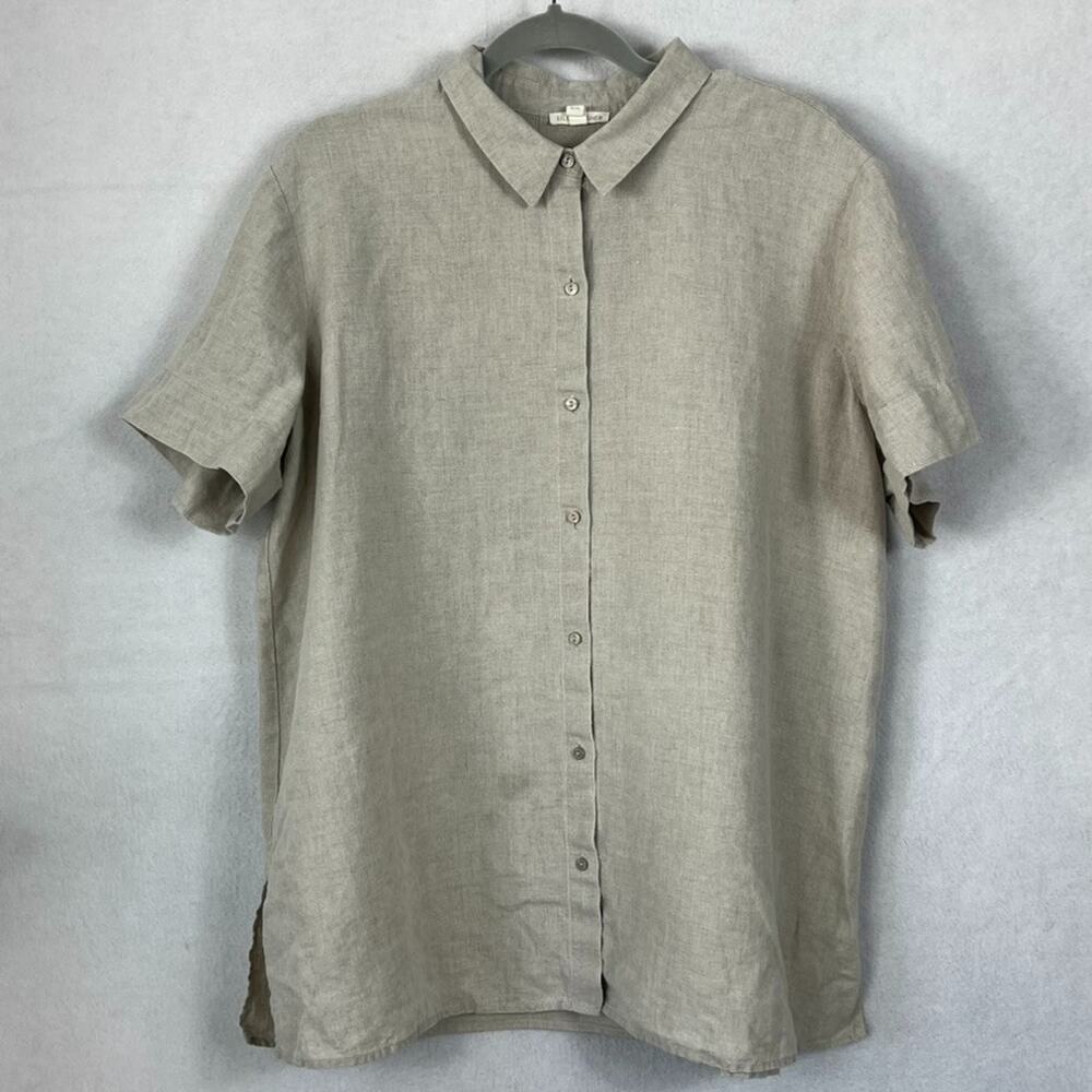Eileen Fisher Linen Button Up Short Sleeve Top Women's XL Beige Relaxed